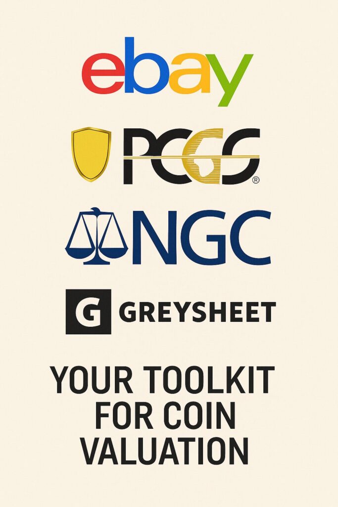 A set of logos for ebay pcgs ngc greysheet with a title "your toolkit for coin pricing"