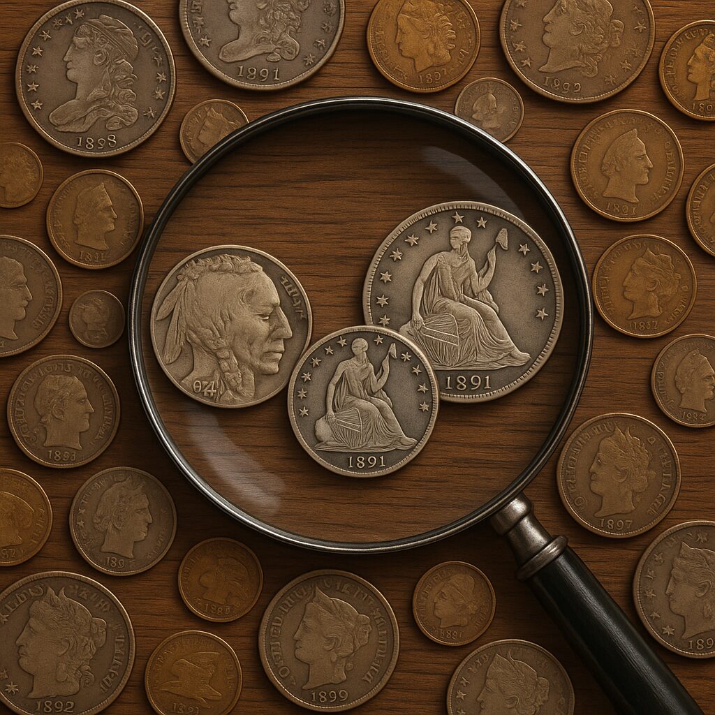 an image with a magnifying glass and some coins