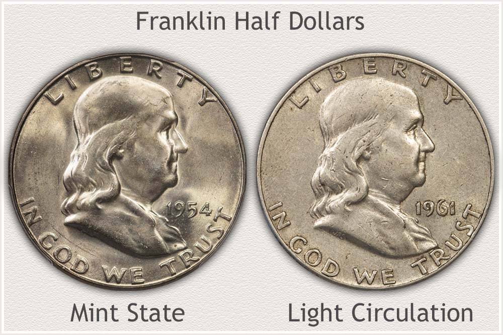 A mint state and circulated franklin half dollar comparison image